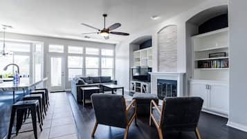 Smart TV, fireplace, video games, DVD player