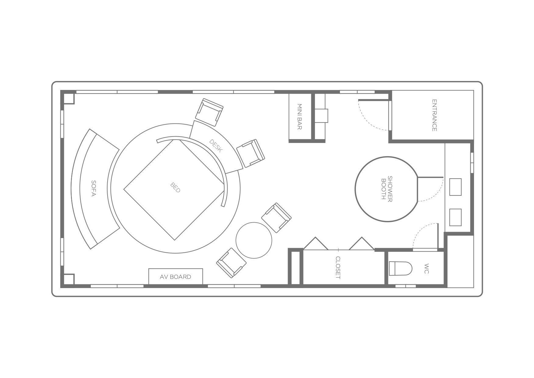 A floor plan with a central bed, sofa, and desk area, a mini bar, a shower booth, and an entrance.