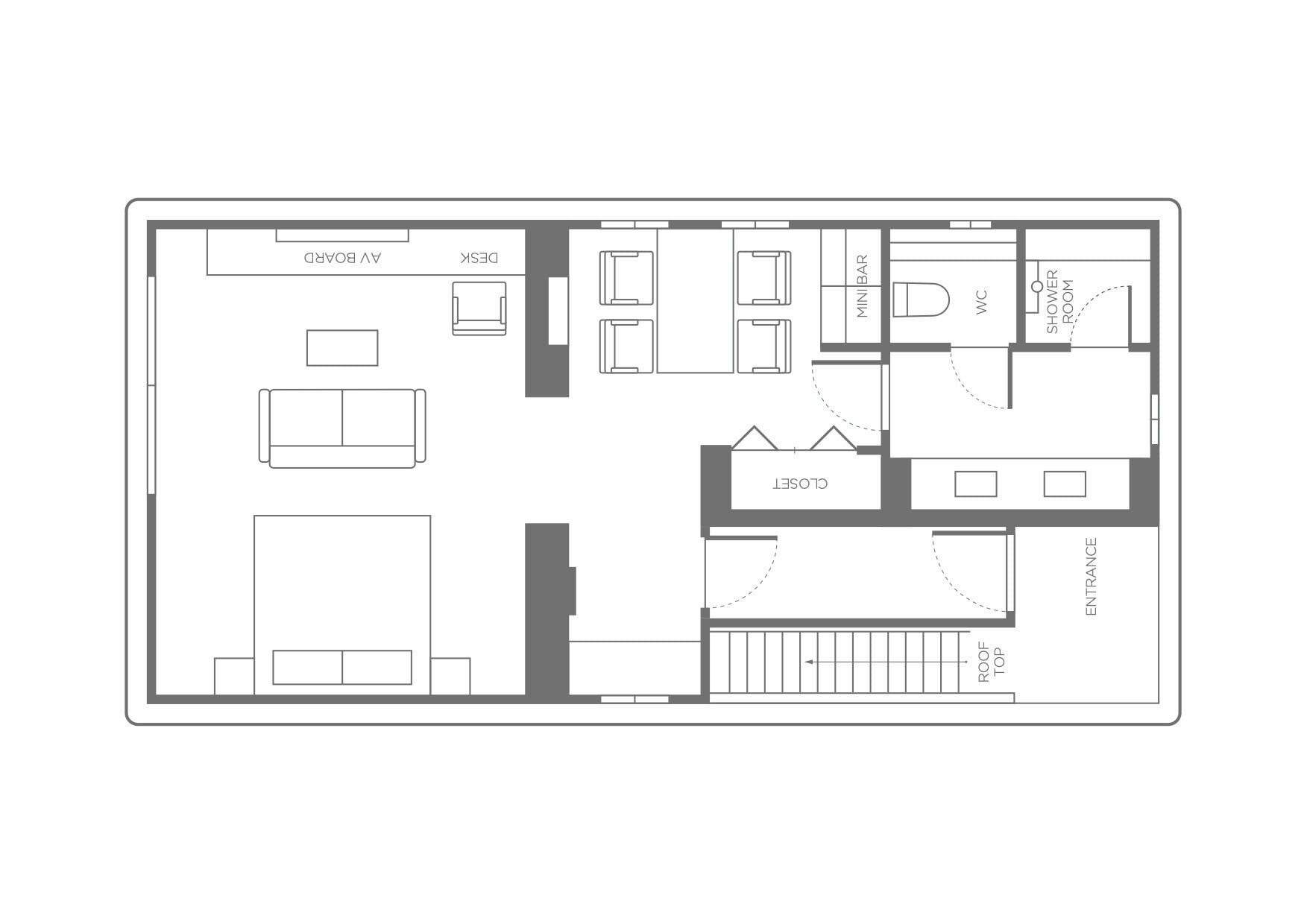Ein Grundriss eines Hotels mit Schlafzimmer, Badezimmer, Küchenzeile und einer kleinen Bar.