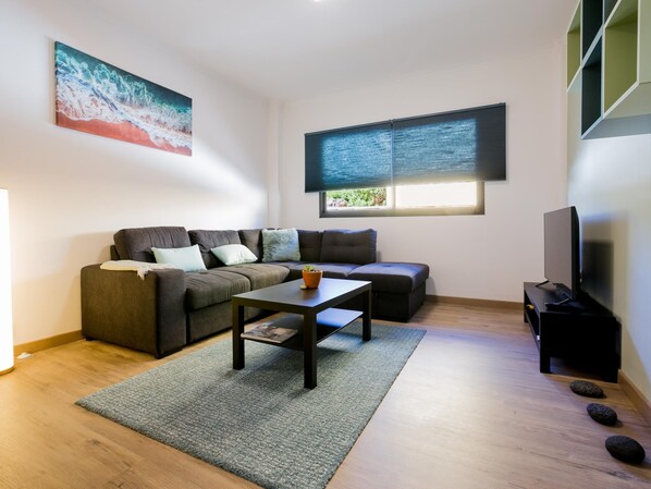 Una sala de estar moderna con un sofá, una mesa de centro y un televisor.