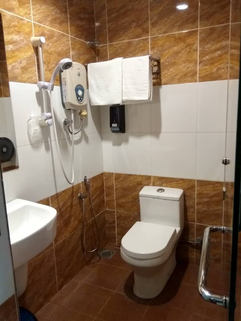 A bathroom with a toilet, a shower, and a sink.