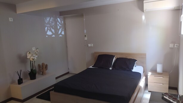 A bedroom with a bed, bedside table, nightstand, and decorative items including a cactus and orchids. - Appartement Quartier Calme (Perpignan)
