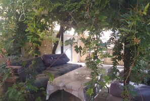 Un espacio al aire libre con sofás y una mesa, rodeado de follaje y árboles.