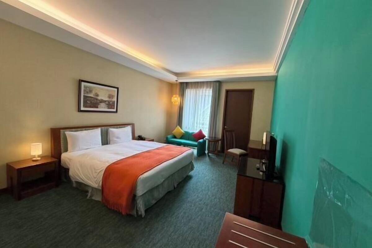 A hotel room with a bed, a desk, a chair, a TV, and a window with curtains.