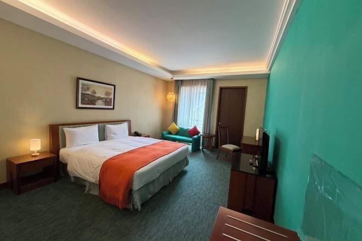 Ein Hotelzimmer mit Bett, Schreibtisch, Sessel, Fernseher und einem fensterbepflanzten Fenster.