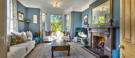 Smart TV, caminetto, libri, impianto stereo