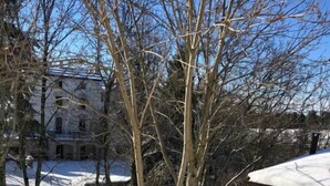 A snow-covered outdoor area with bare trees, a stone wall, and a building with a balcony. - 2-bedroom apartment (Bosco Chiesanuova)