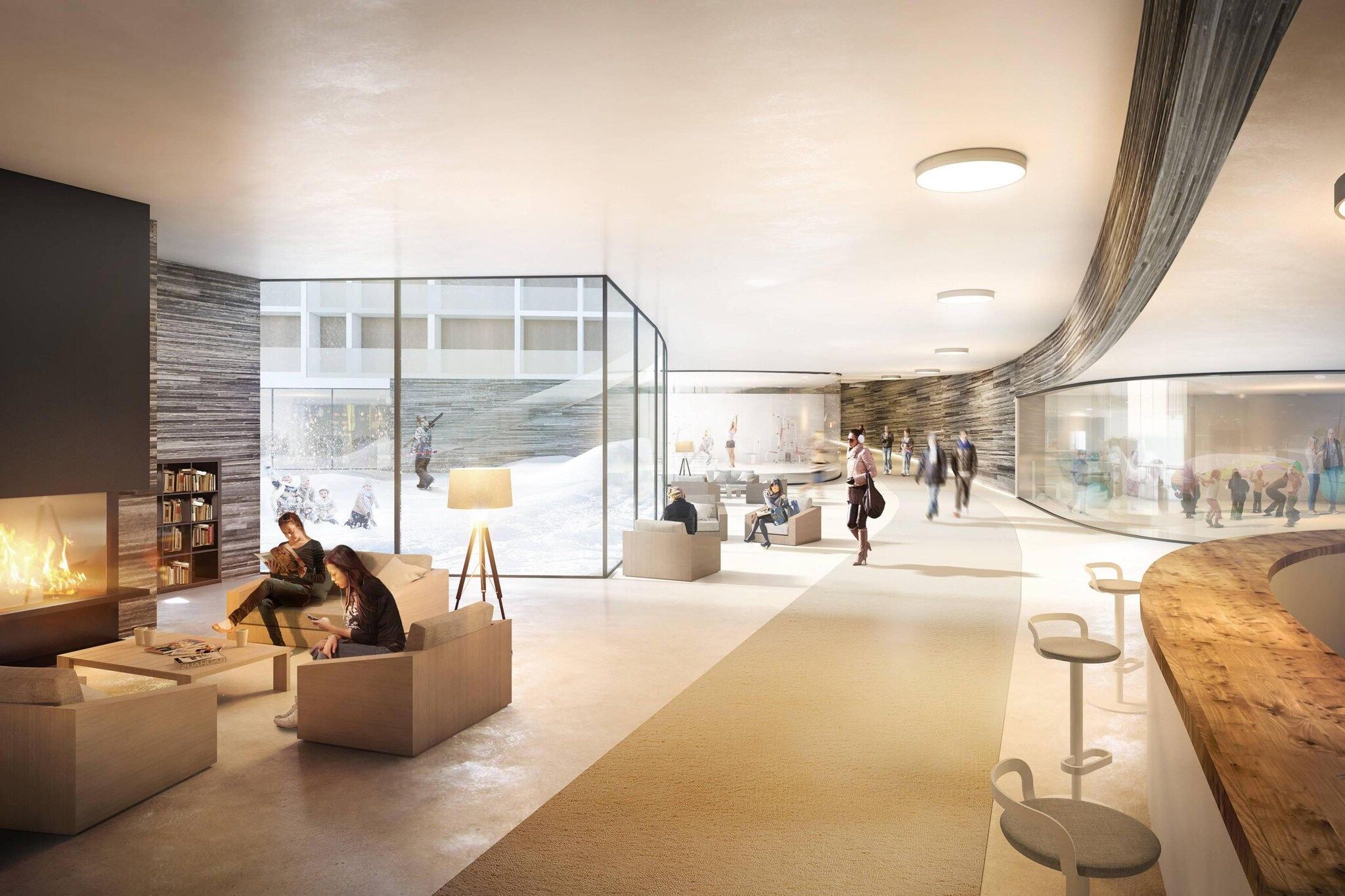 A modern interior with seating areas, a fireplace, and a glass wall offering a view of the outside.