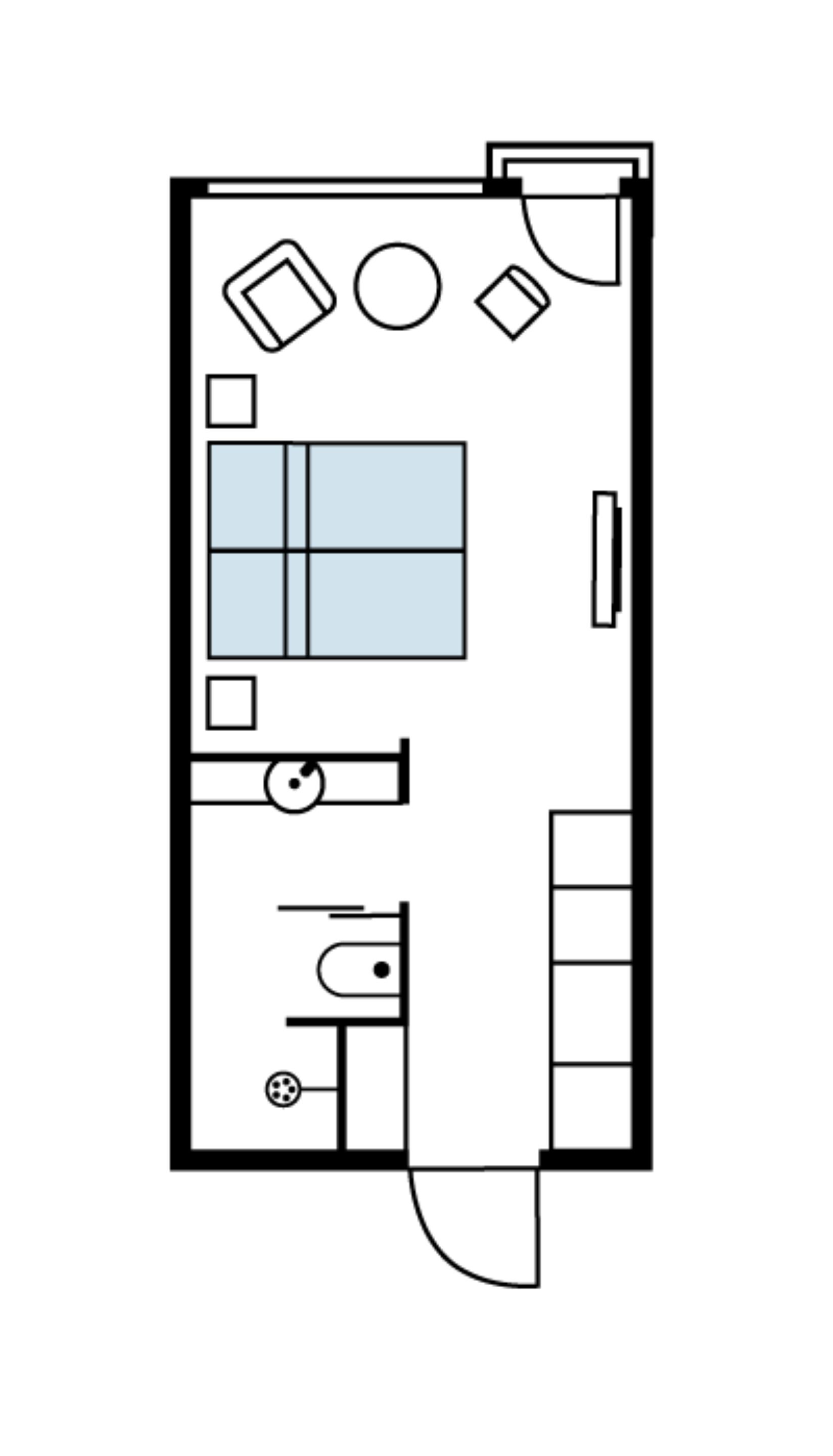 A floor plan with a large bedroom, a bathroom, a kitchen, and a living area.