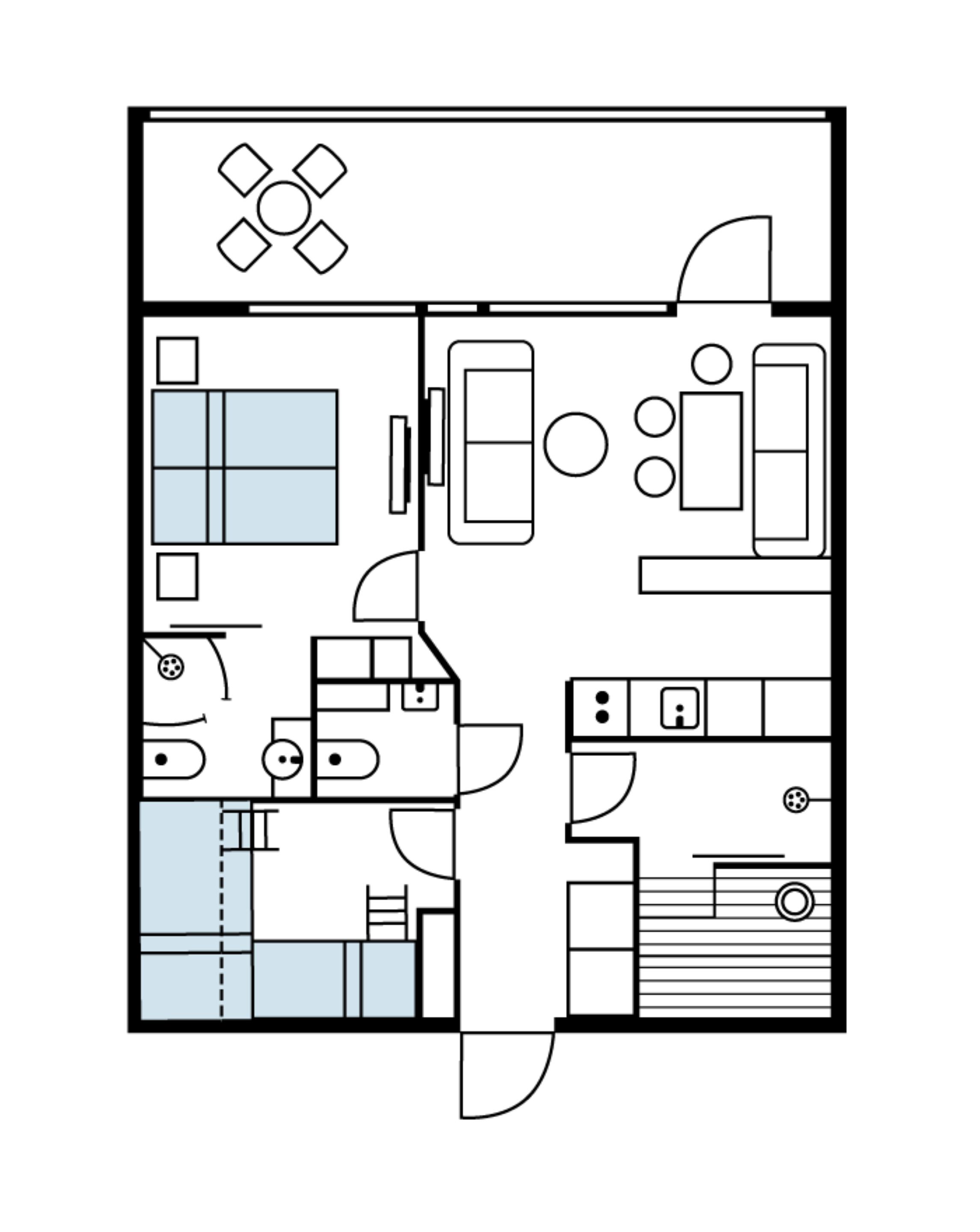 Ein Grundriss eines Hotelzimmers mit Bad, Küchenzeile und einer Sitzecke.