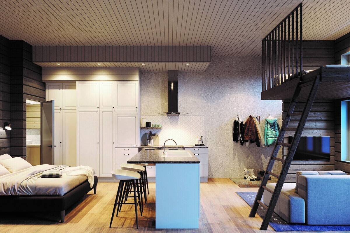 A modern interior with a kitchen, dining area, and seating space.