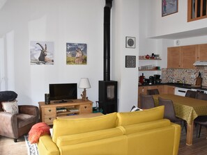 Un salon avec un canapé, un téléviseur, une cheminée et des œuvres d’art accrochées au mur.