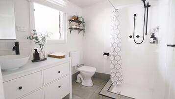 Hair dryer, towels, shampoo, toilet paper