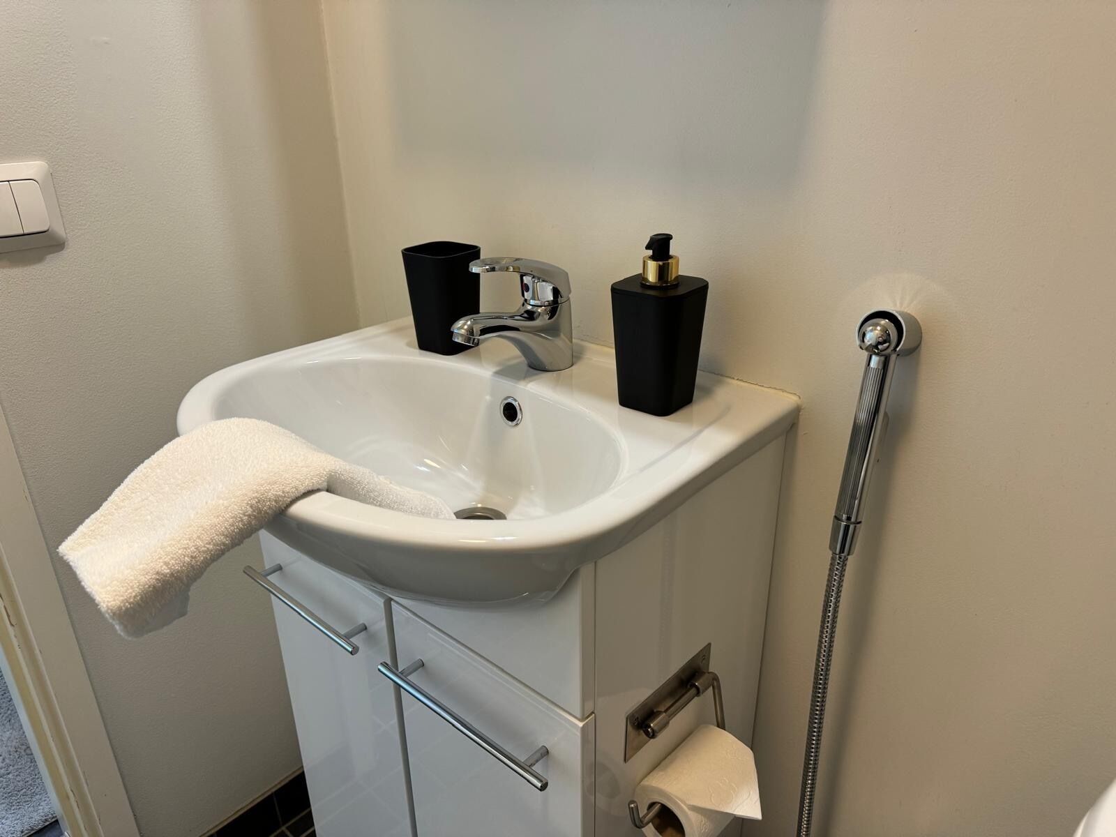Un baño con lavamanos blanco, grifo, dispensador de jabón, toalla, porta papel higiénico y cabezal de ducha.