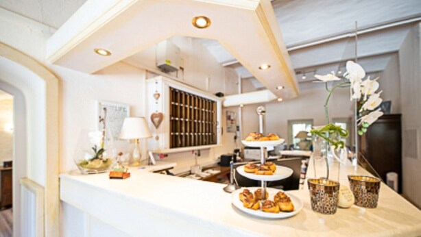 A modern kitchen with a marble countertop, a three-tiered serving station, and a refrigerator. - "Landhaus Idylle" 1 apartment in Landhaus Gretl  (Krumpendorf am Wörthersee)