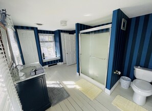 Combined shower/bathtub, hair dryer, towels, toilet paper