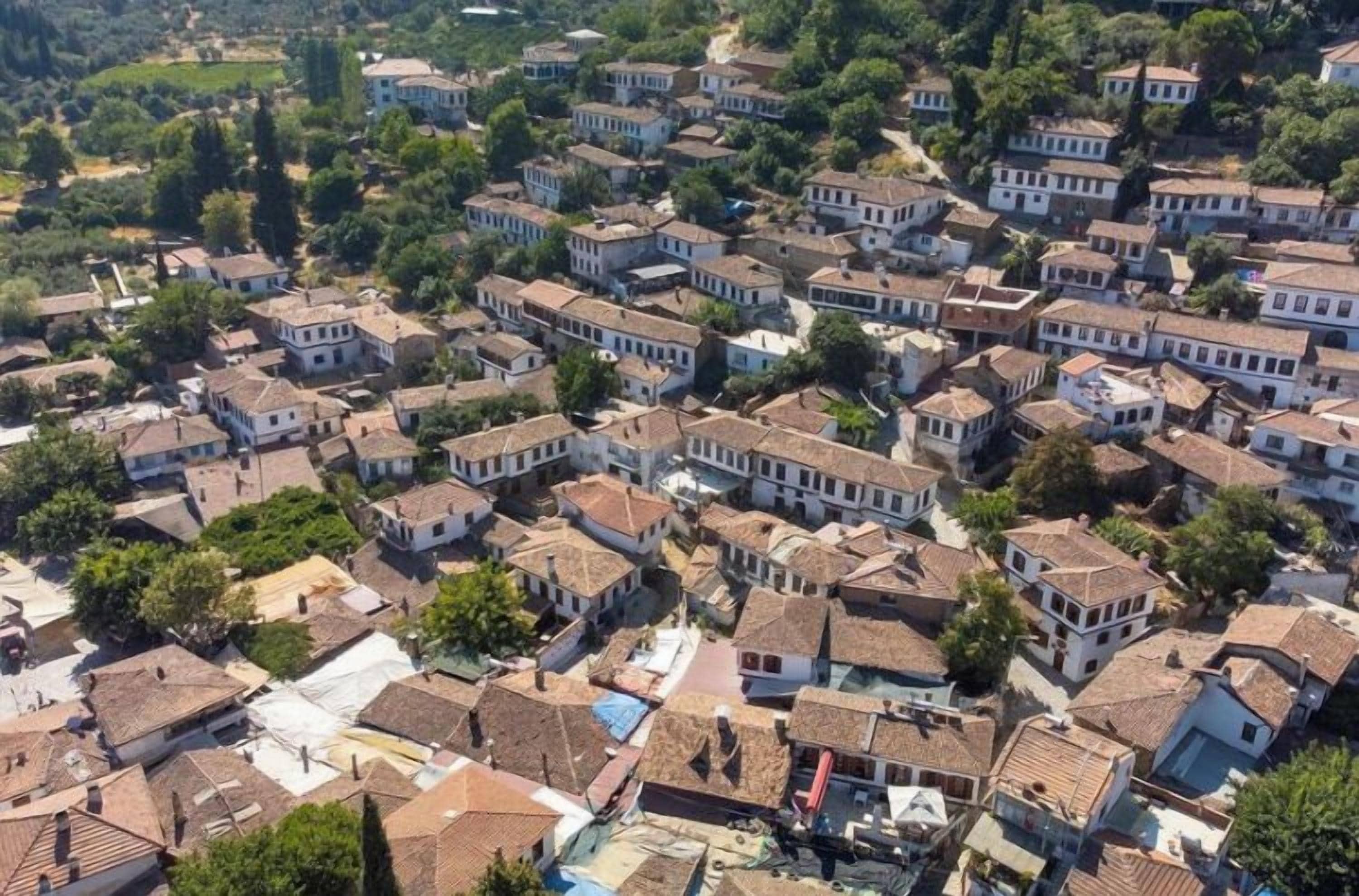 Oversigtsbillede af et tæt bebygget boligområde med tæt placerede huse, omgivet af grønt.