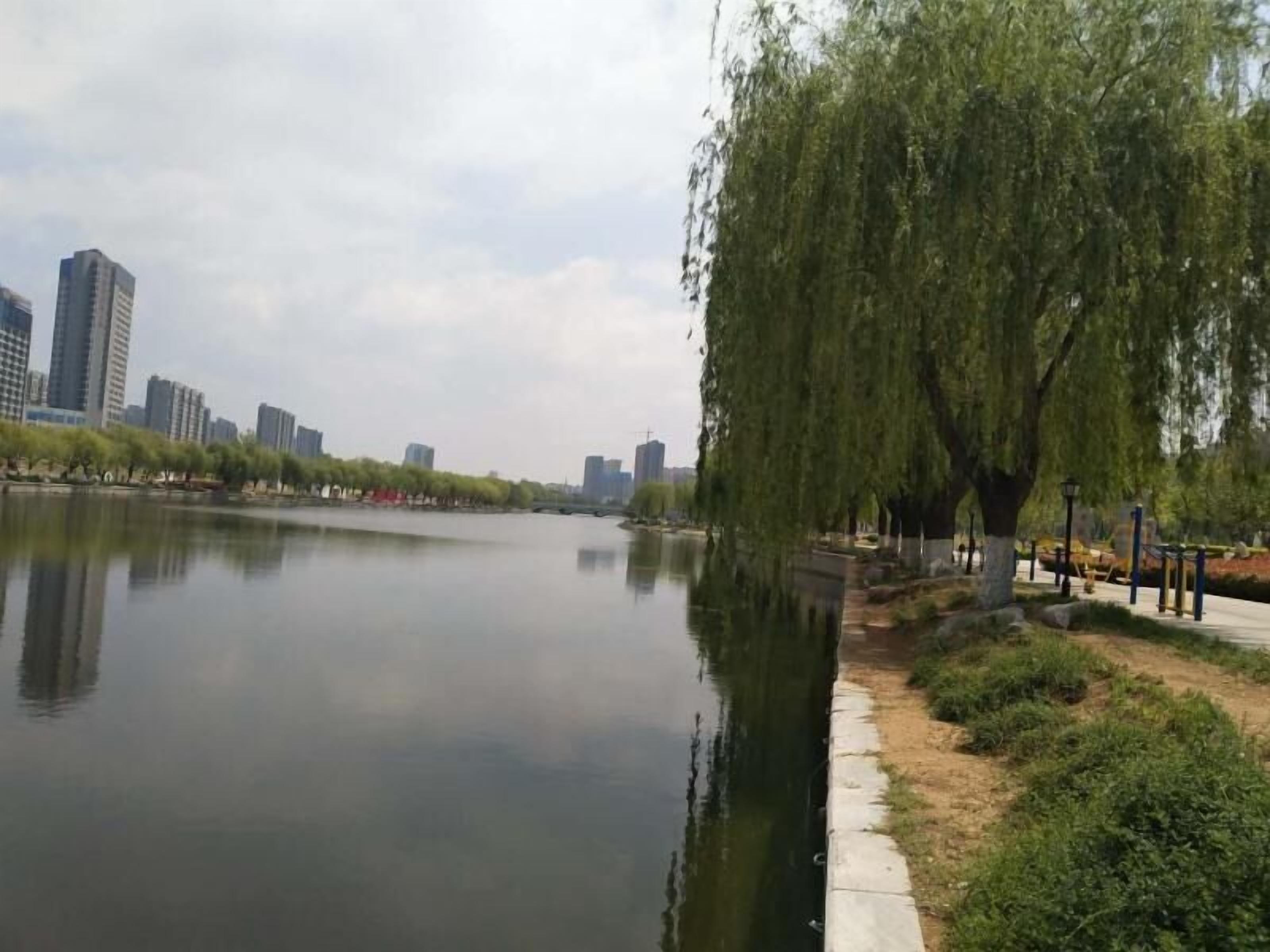 A calm river with a tree-lined path on one side and high-rise buildings in the background.