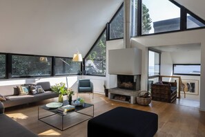 Televisión, chimenea, tenis de mesa y libros 