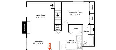 A floor plan with a living room, dining area, kitchen, primary bedroom, and closets.