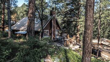 A cabin surrounded by tall trees, with a deck and outdoor seating area.