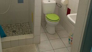 Une salle de bain avec douche, toilettes et lavabo.