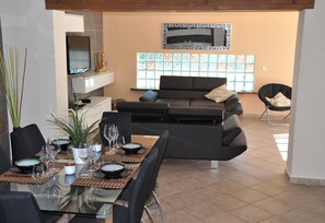 Una televisión, una chimenea, videojuegos, un reproductor de DVD