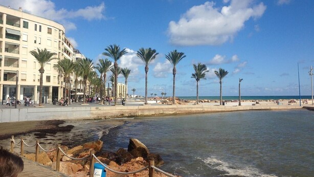 A coastal promenade with palm trees, a beach, and a building with balconies. - Villa with Private Pool, Terrace, A/C and Wi-Fi (San Miguel de Salinas)