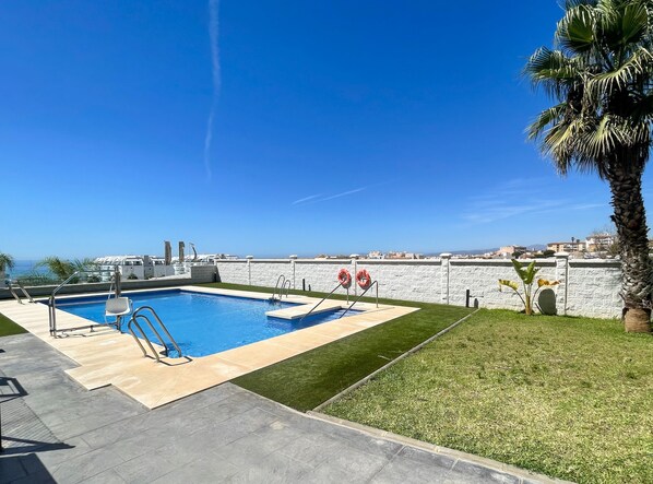 A swimming pool with a view of the sea, a palm tree, and a stone wall.