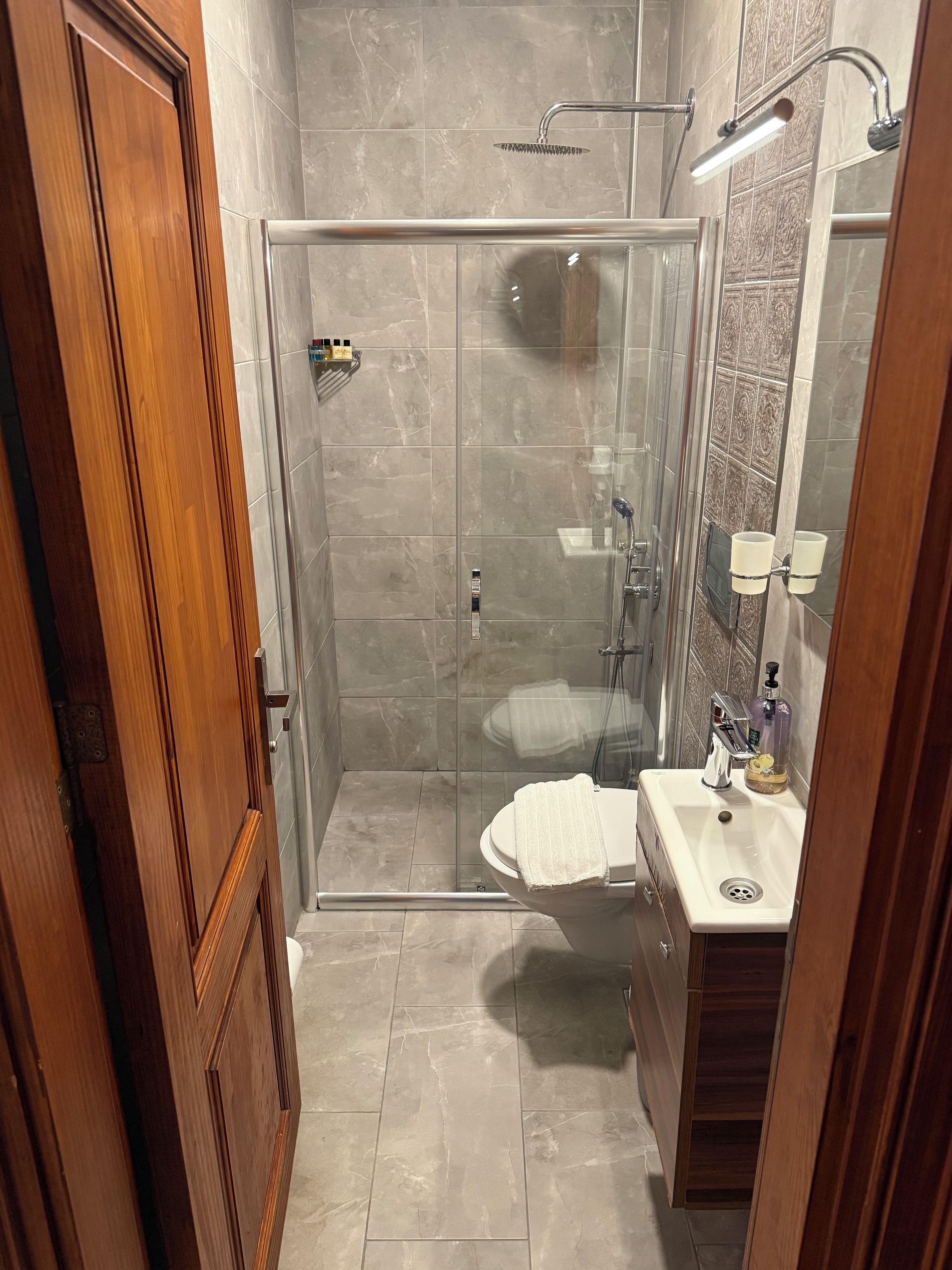 A bathroom with a glass-enclosed shower, a toilet, and a sink with a mirror.