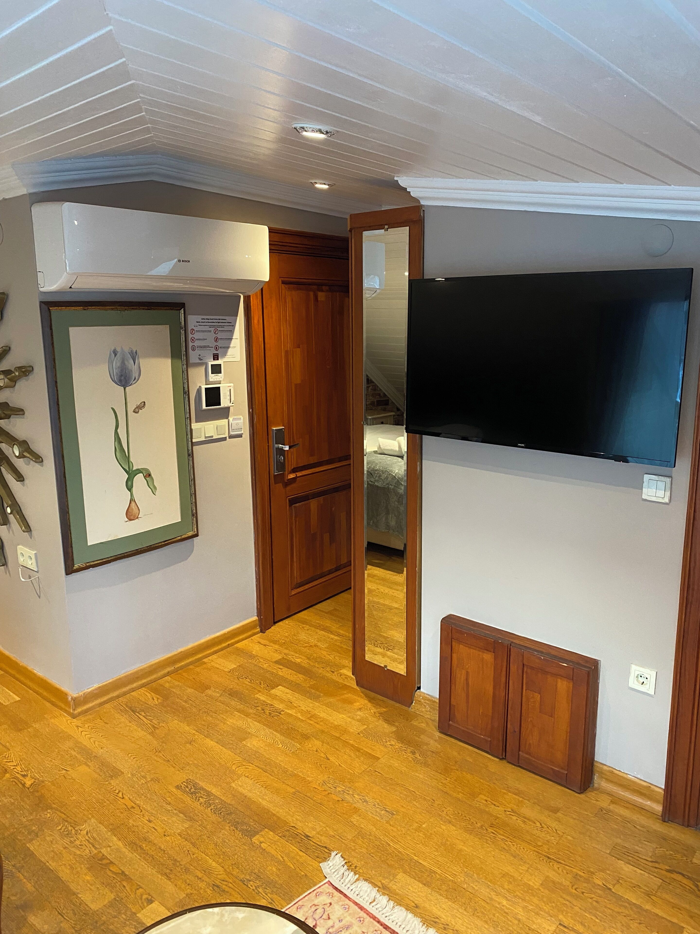 A room with wooden flooring, a framed floral artwork, a door, a mirror, and a mounted television.