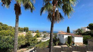 A coastal residential area with houses, palm trees, and a clear view of the sea.