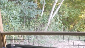 A hot tub with a view of a forest through a window.