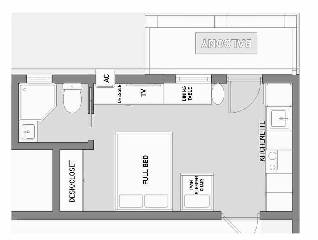 A hotel room layout with a full bed, twin sleeper chairs, a desk/closet, a dressing area, a TV, a dining table, a kitchenette, and a balcony.