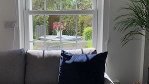 Een kamer met een groot raam, een grijze bank, een donkerblauwe kussen en een potplant.