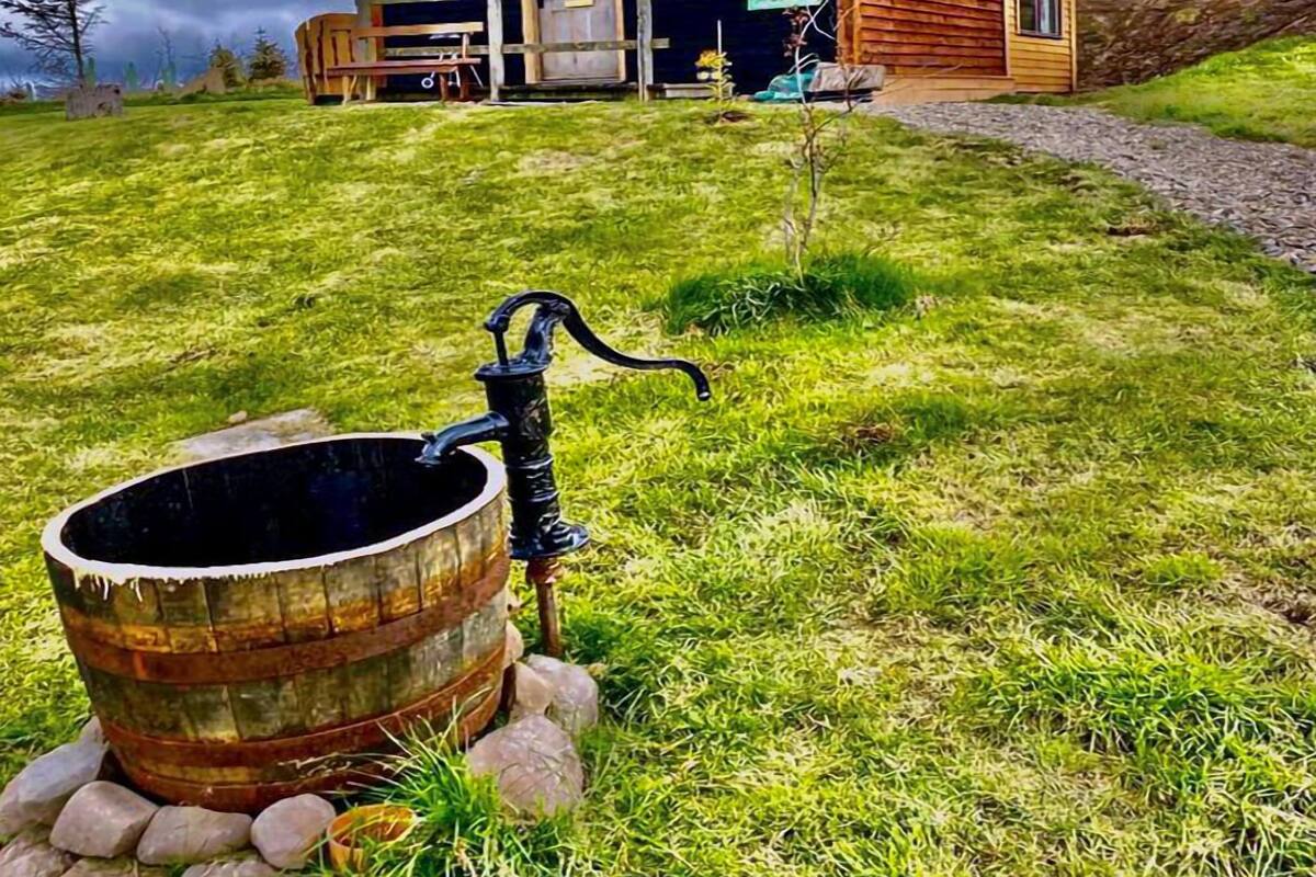 A rustic cabin with a metal water pump on a grassy hill.