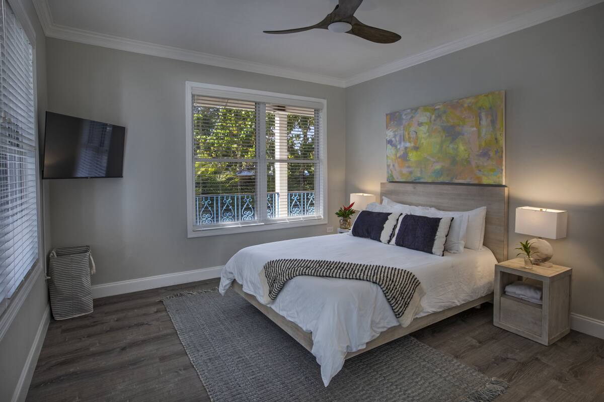 A bedroom with a bed, a ceiling fan, a TV, a window with blinds, a painting, and a nightstand with a lamp.
