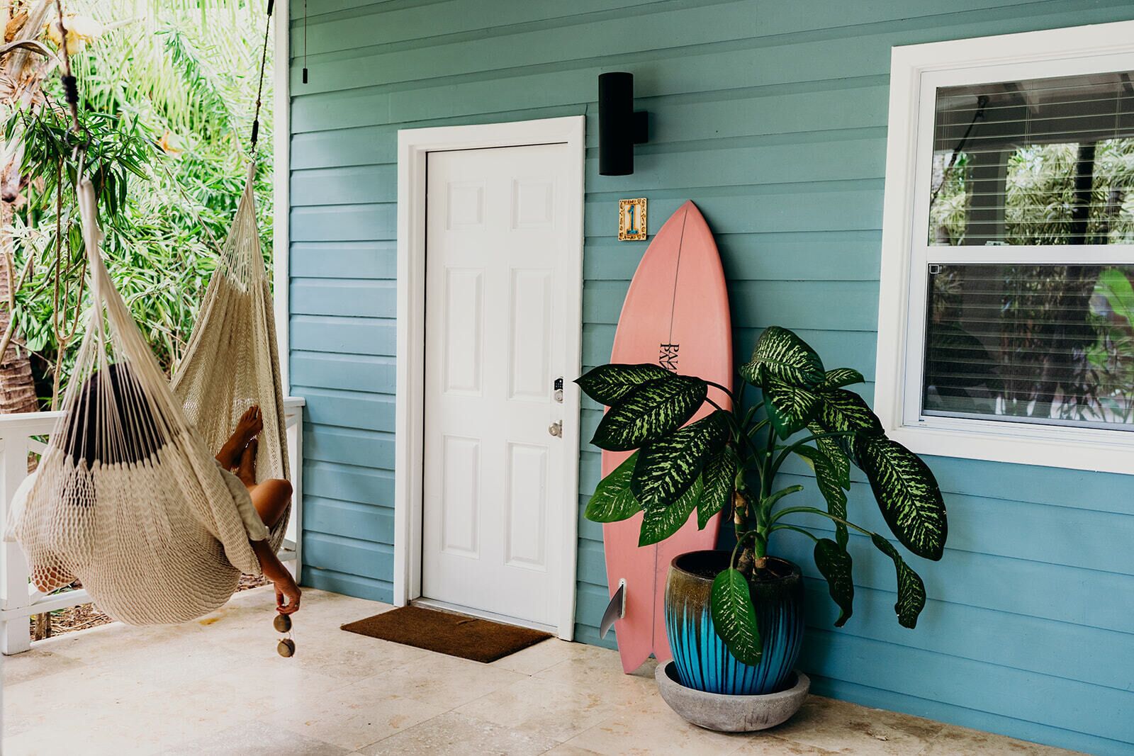 A door, a hammock, a surfboard, and a potted plant.