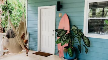 A door, a hammock, a surfboard, and a potted plant.