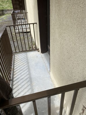 Un balcón con barandilla de metal, piso de concreto y una puerta que da a un espacio al aire libre.
