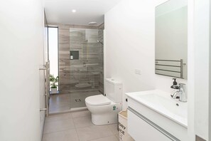 Shower, hair dryer, towels