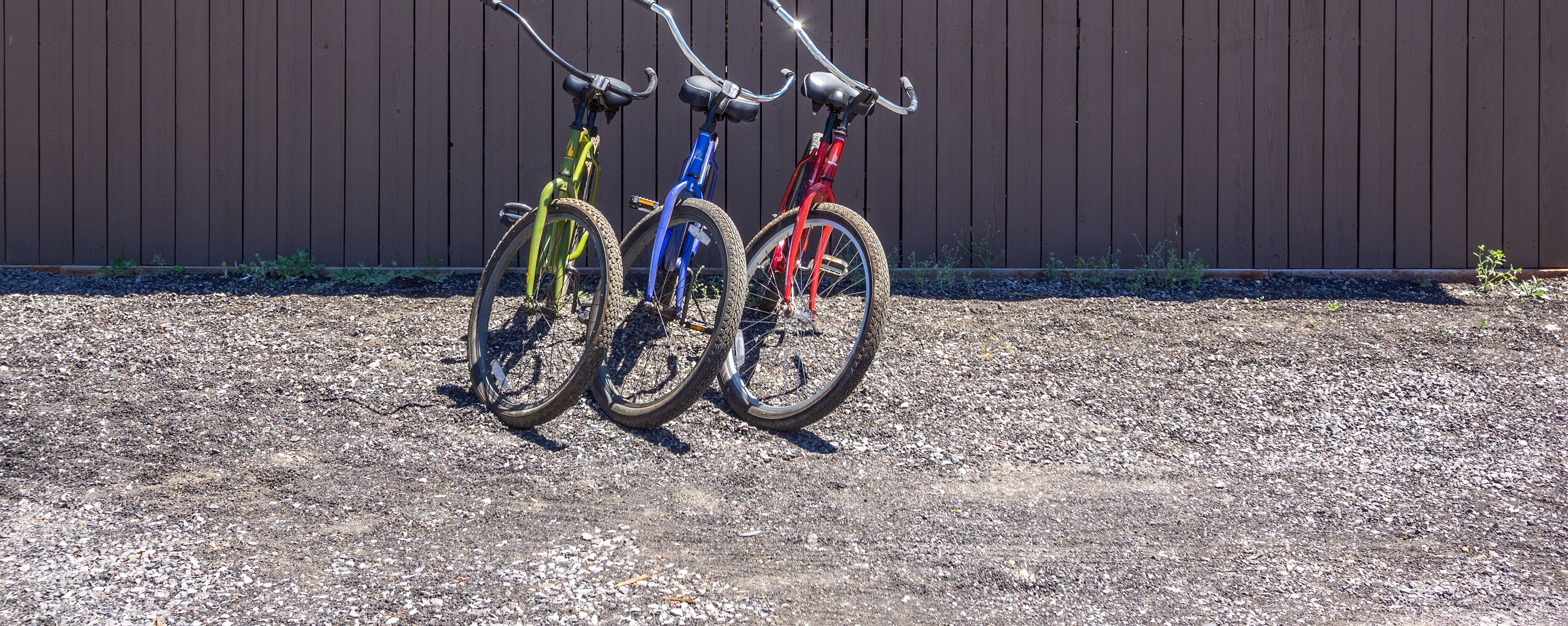 Trois vélos sont garés sur une surface de gravier, avec une clôture en bois en arrière-plan.