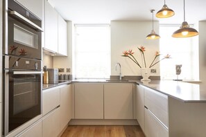 Appartamento Premium | Cucina privata | Frigorifero con congelatore, microonde, forno, piano cottura