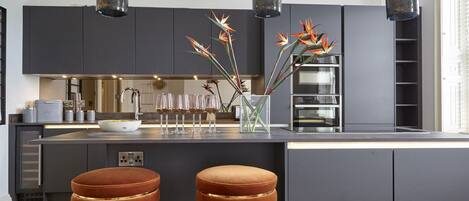 Deluxe Apartment | Private kitchen | Full-size fridge, microwave, oven, stovetop