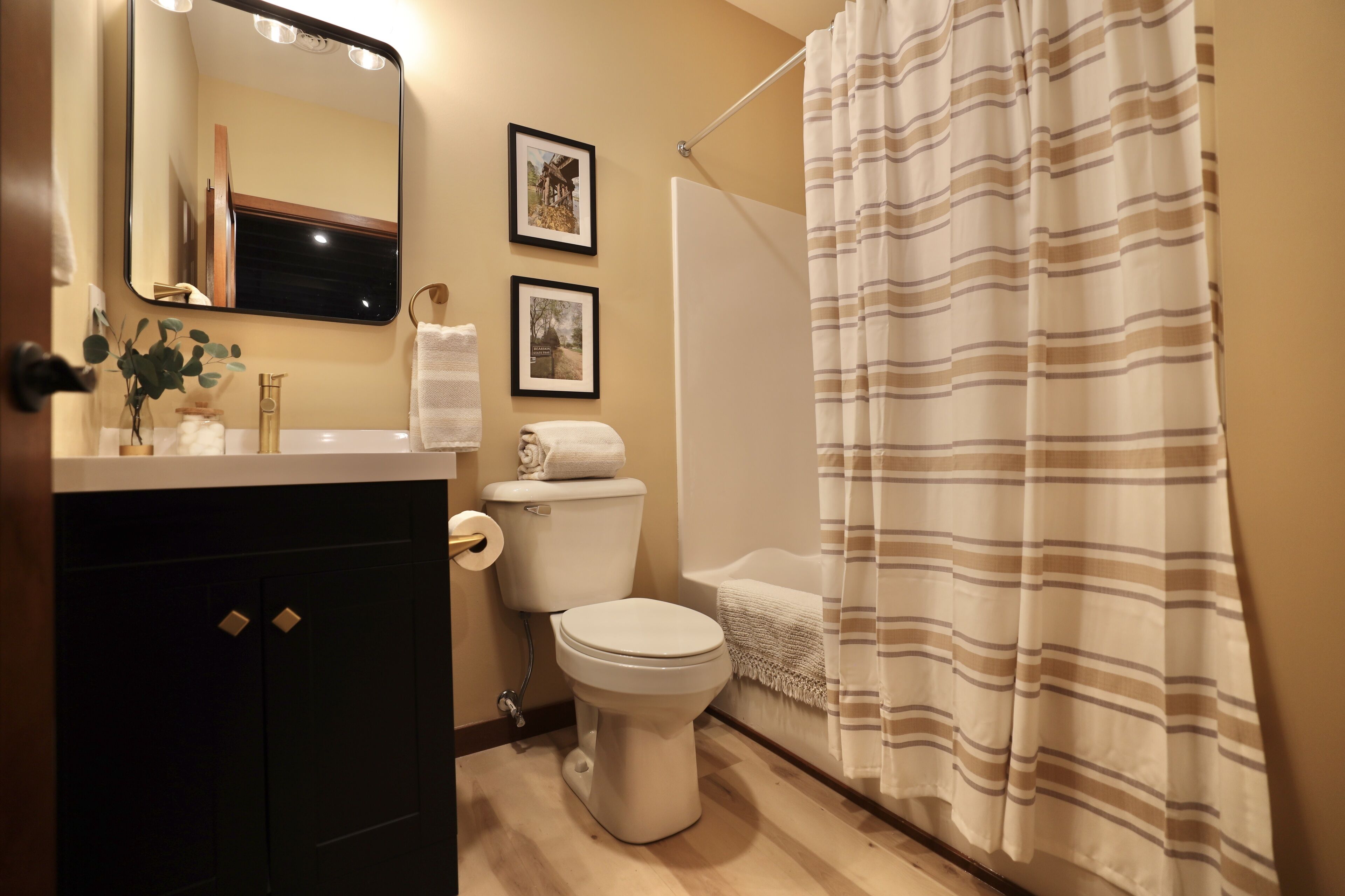 Combined shower/tub, towels, soap, toilet paper