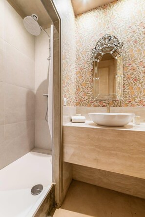 Shower, hair dryer, towels