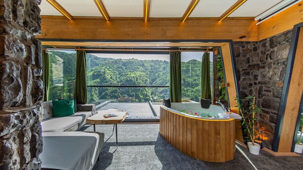 A modern room with a stone wall, a wooden reception desk, a sofa, and a view of a lush green landscape.