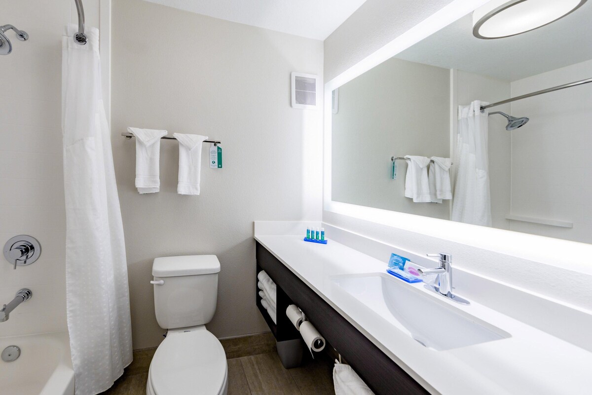 A modern bathroom with a shower, toilet, and vanity.