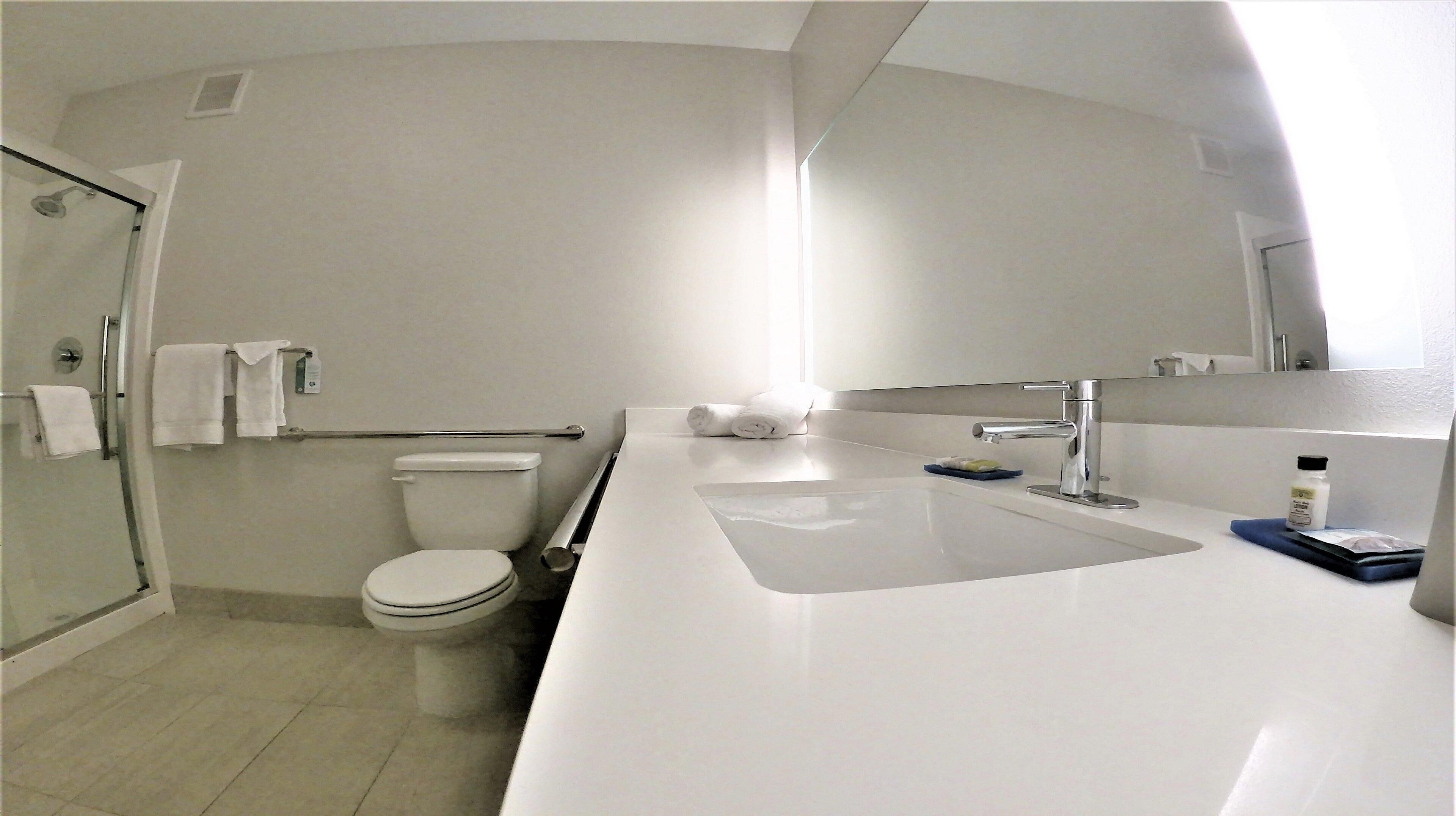 A modern bathroom with a toilet, a shower, and a sink.