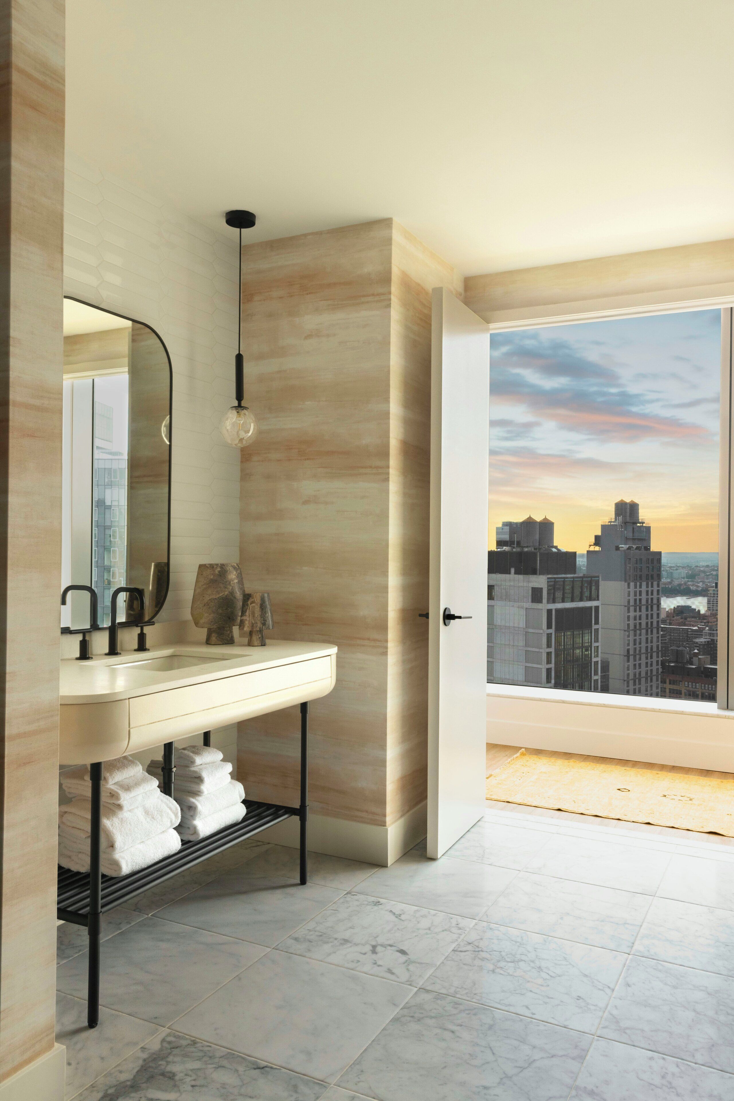 Shower, rainfall showerhead, designer toiletries, hair dryer